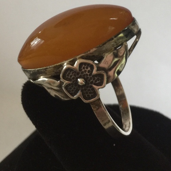 Vintage Silver Russian Chunky Amber Ring
